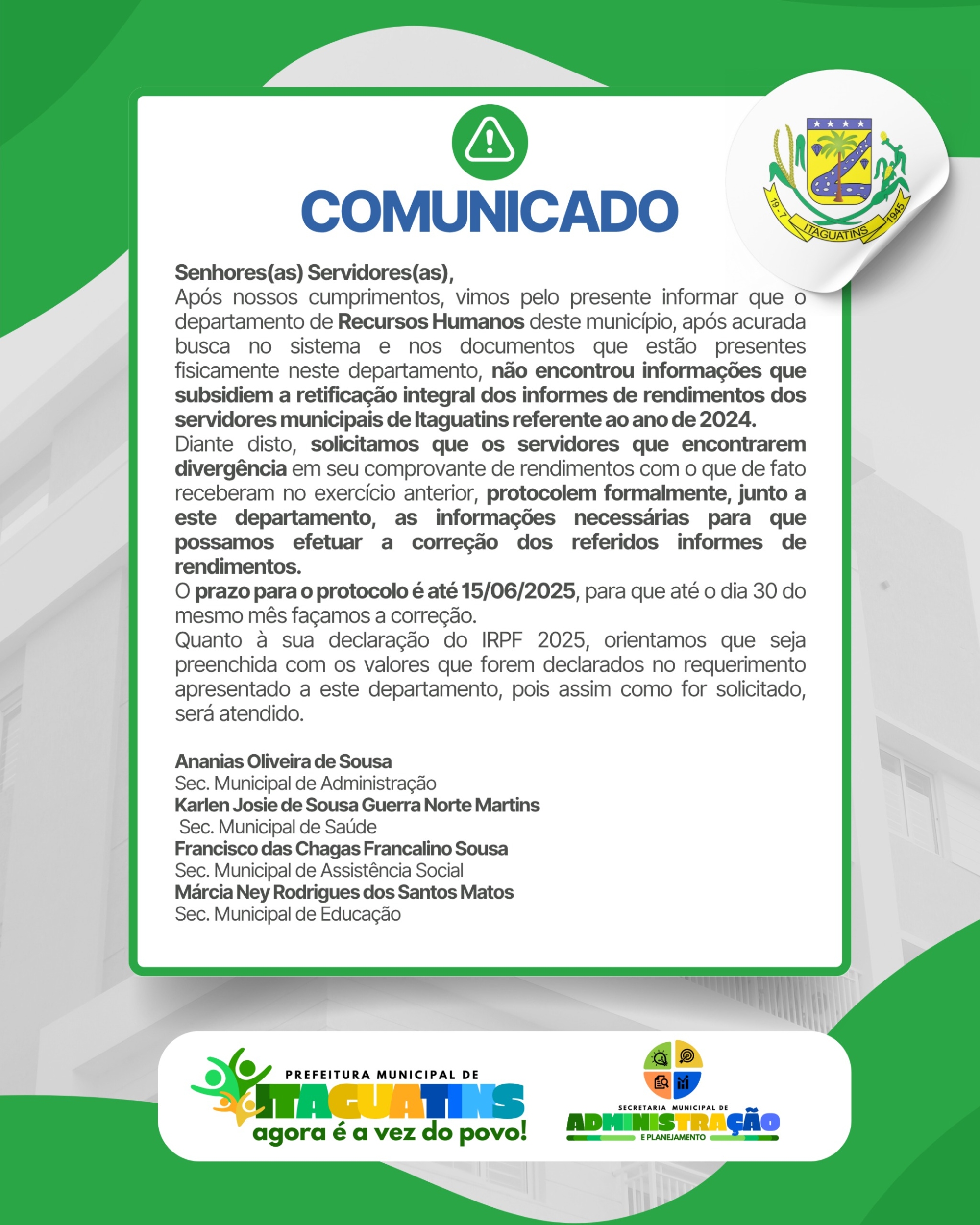 Prefeitura de Itaguatins emite comunicado aos servidores municipais de Itaguatins