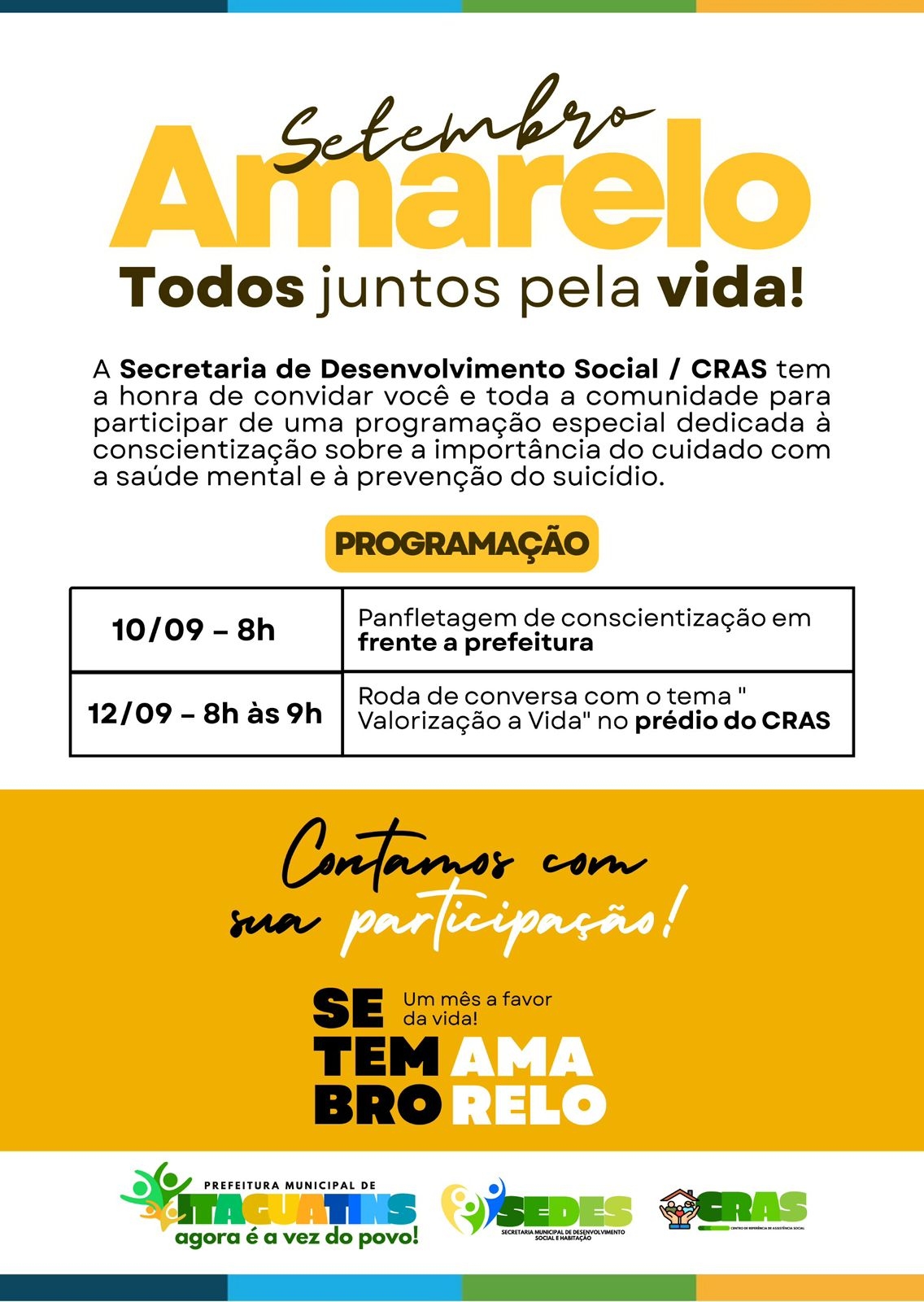 Itaguatins promove ações do Setembro Amarelo com foco na saúde mental e prevenção ao suicídio